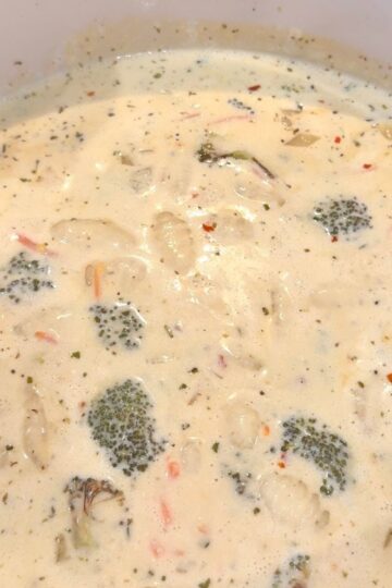 broccoli cheddar gnocchi soup in large pot
