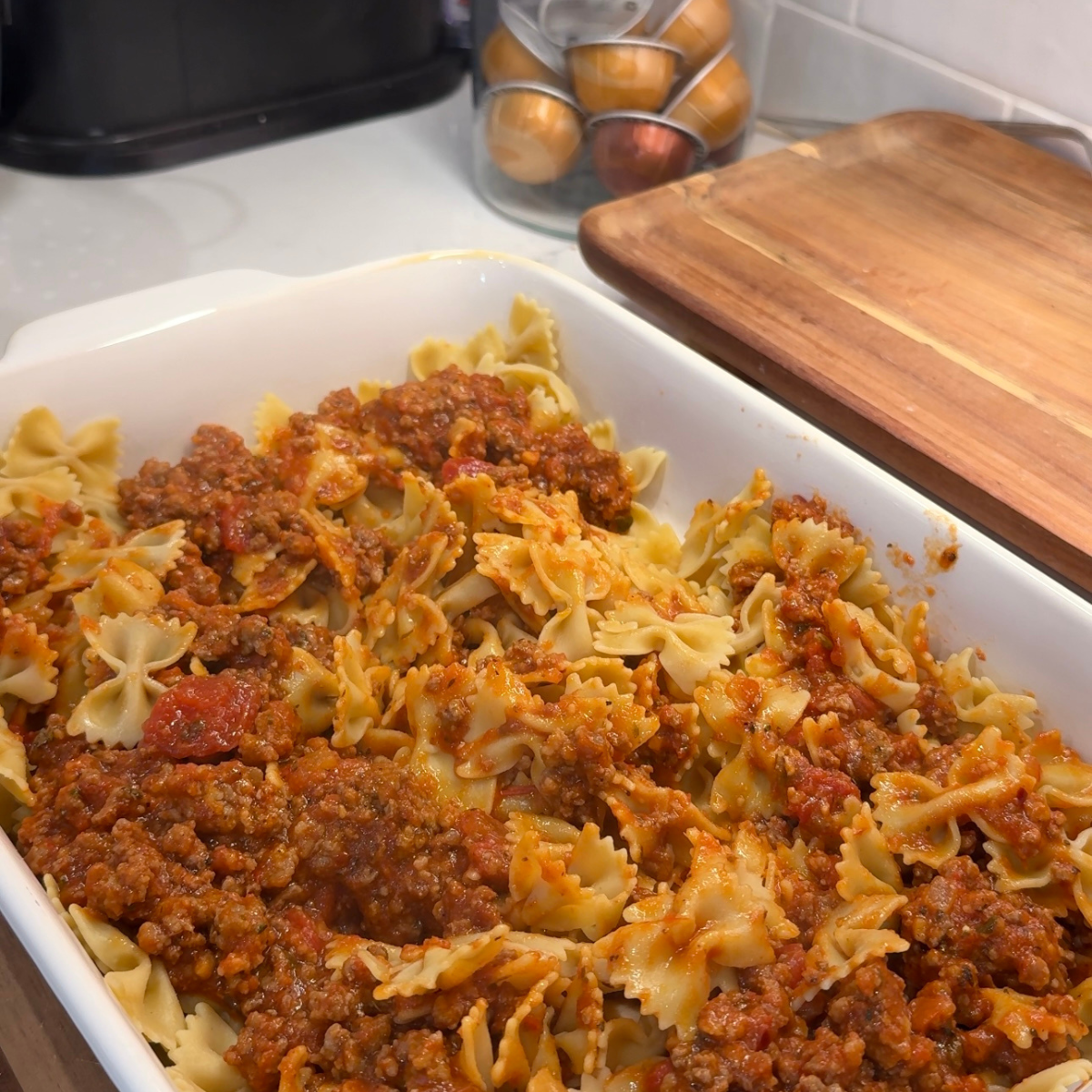 dish with pasta and meat sauce