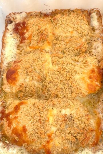 easy one pan chicken caesar bake in white baking dish