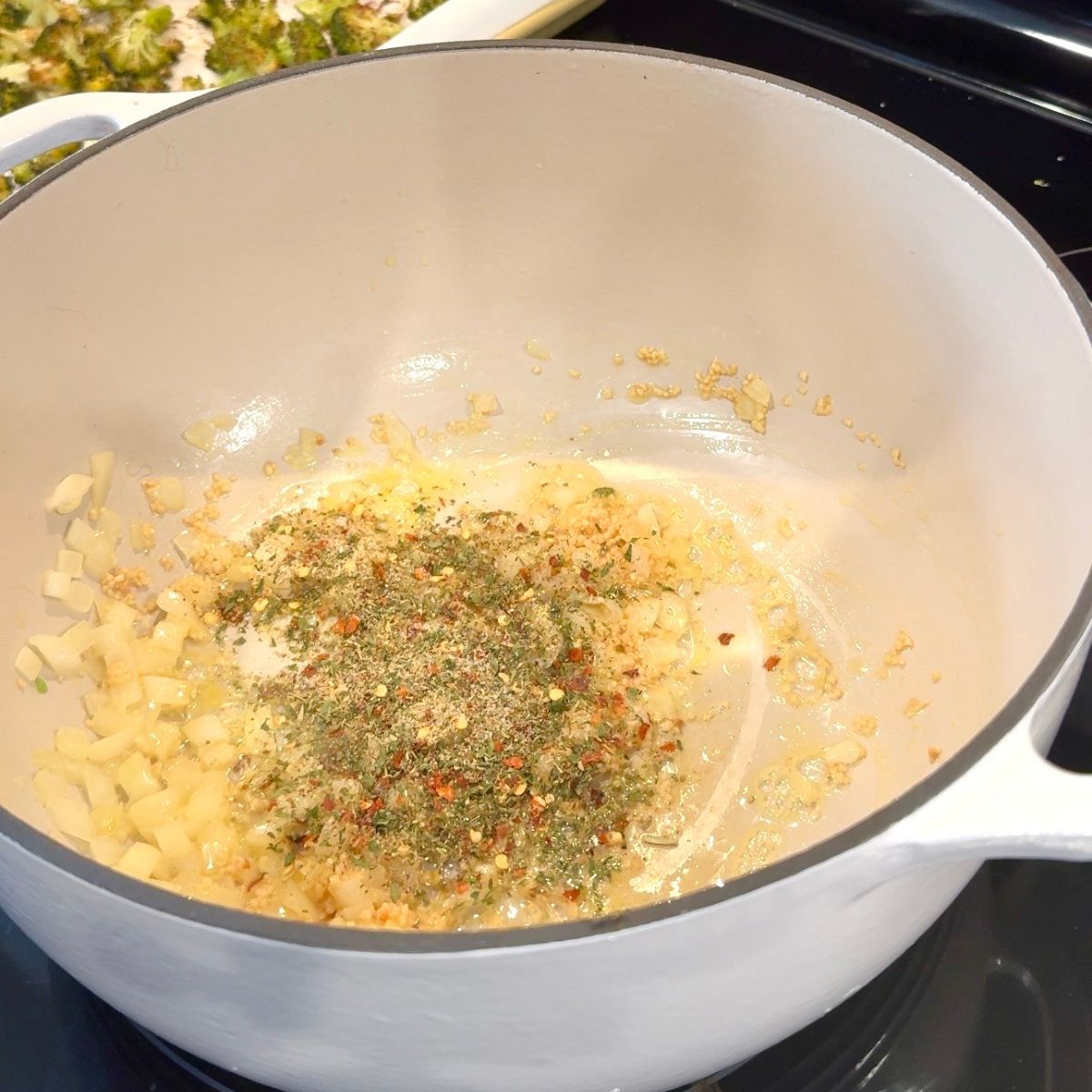 sauteed onions, garlic and seasonings in large pot