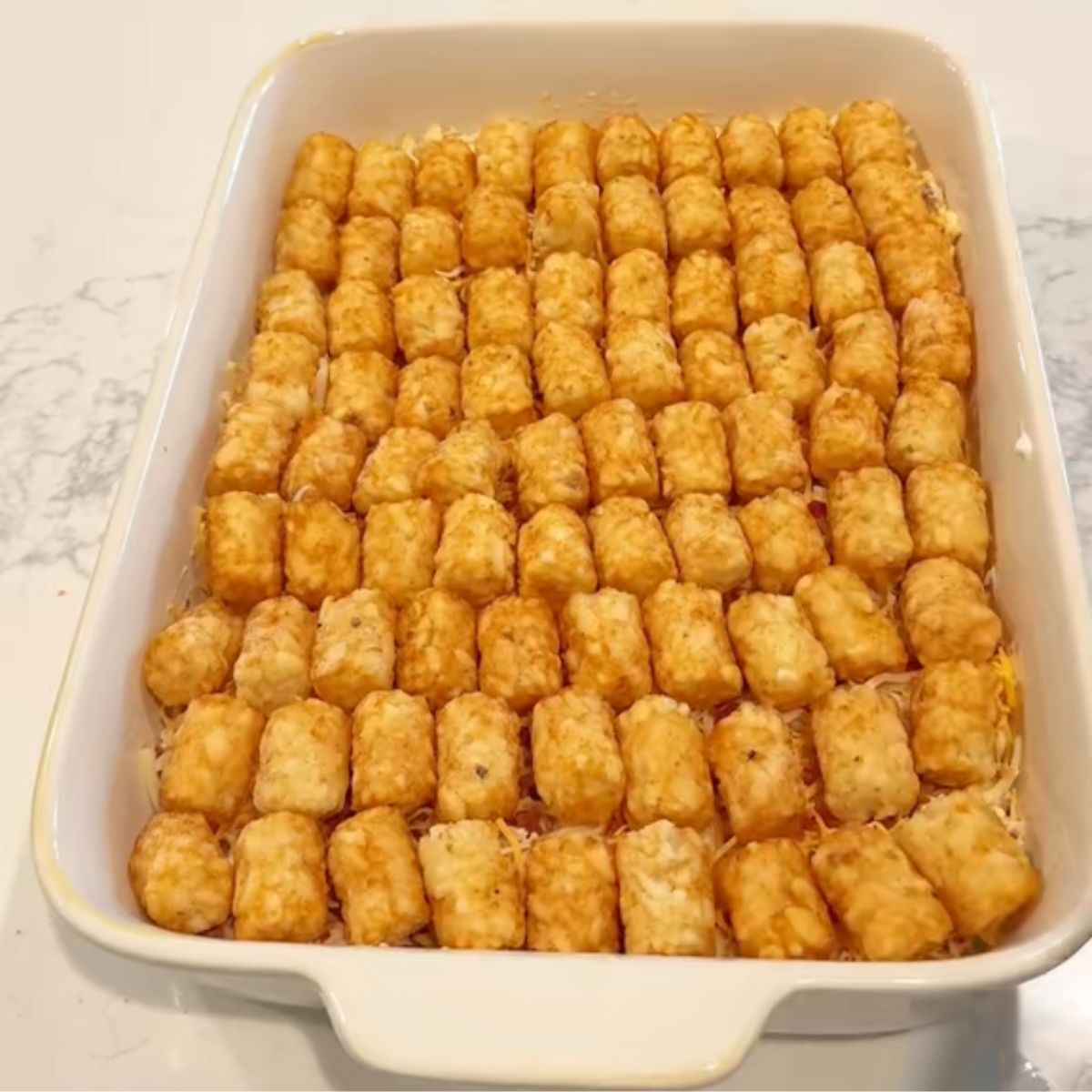 easy dinner has top layer of tater tots in cooking dish