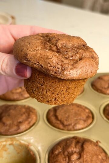 chocolate protein muffin in hand with additional muffins in tin in background