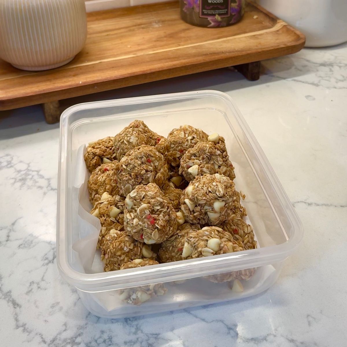 completed no bake energy snacks in food storage container