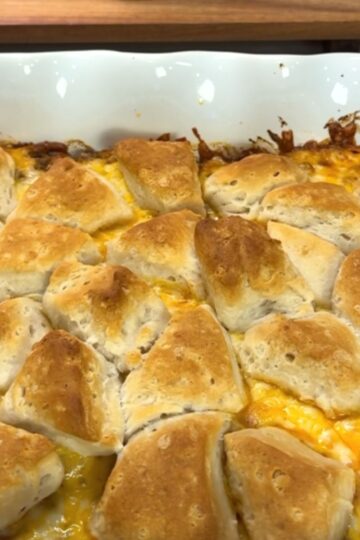 taco biscuit bake in casserole dish