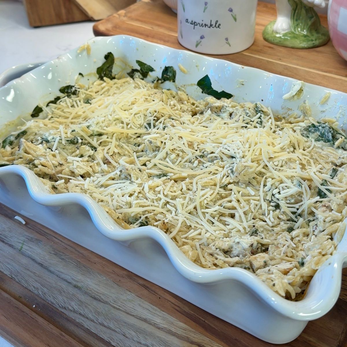 parmesan cheese added to top of chicken and orzo bake