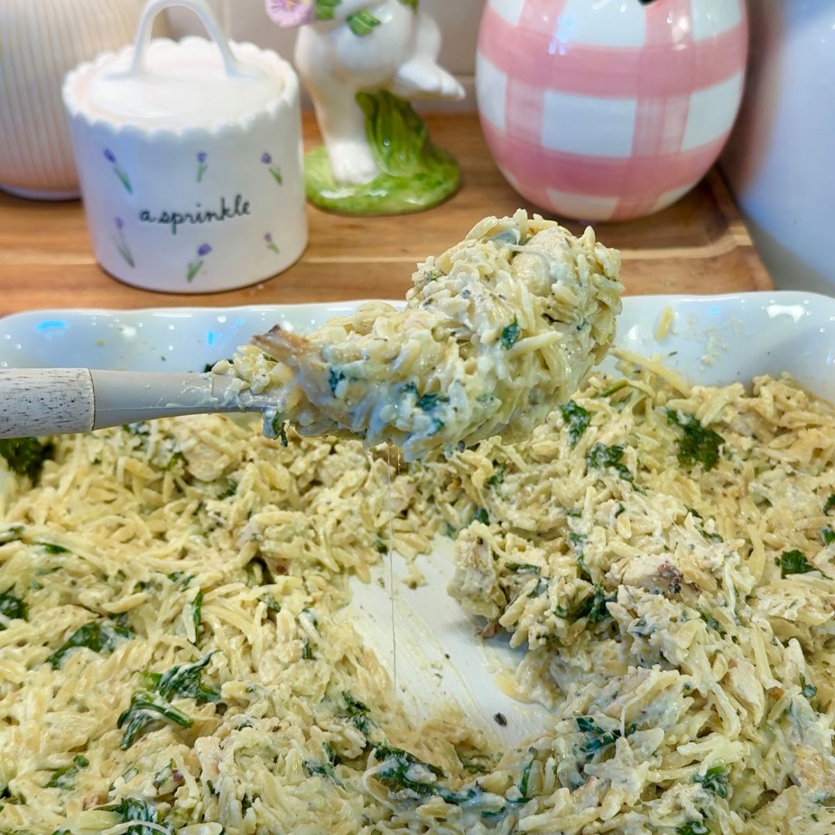 chicken and pasta dinner in scoop over the finished dish