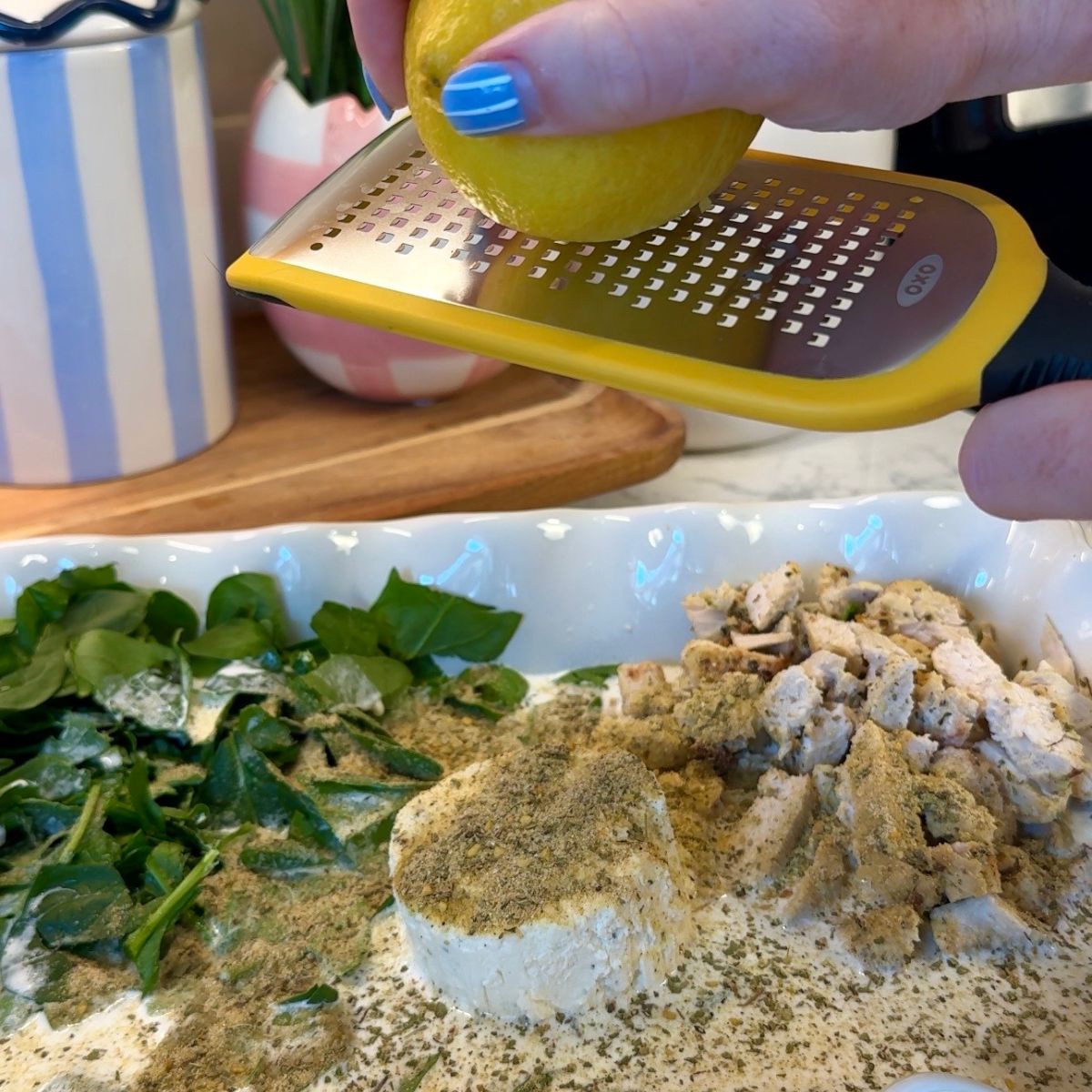 lemon zest added to dish with chicken, spinach, cheese and seasonings