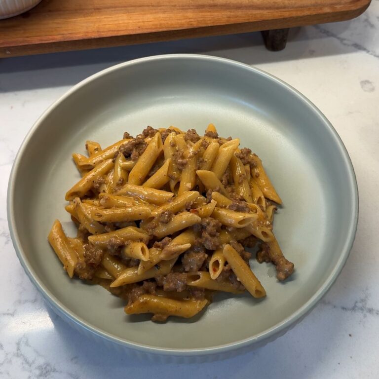 cowboy butter beef pasta on green plate