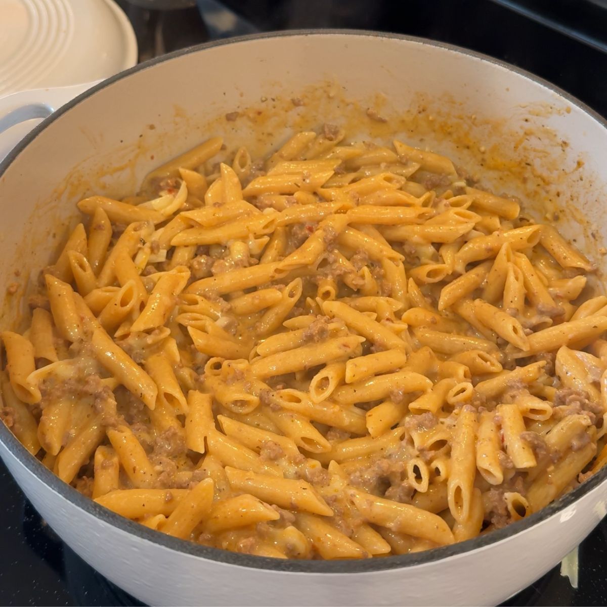 cowboy butter ground beef pasta in dutch oven