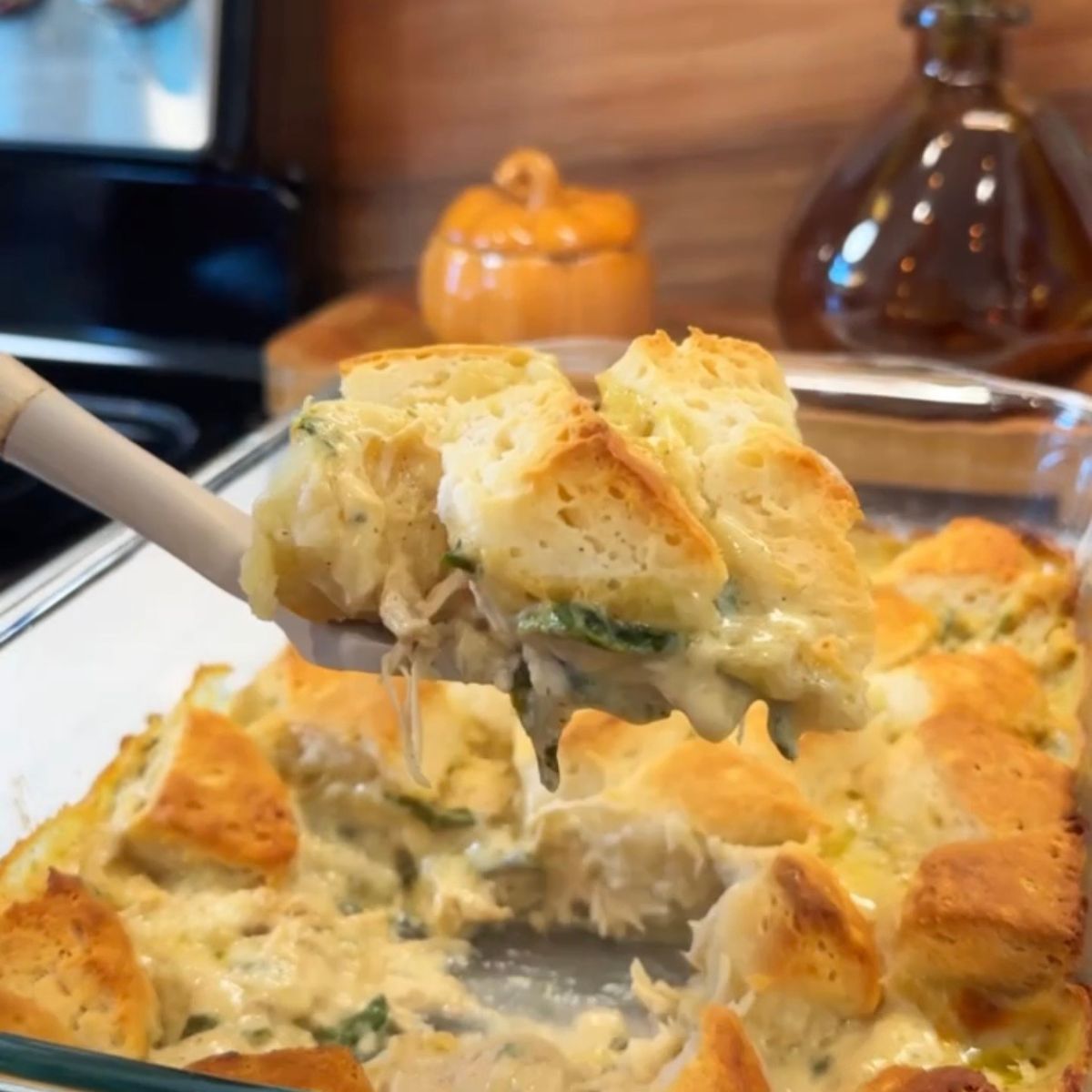 chicken alfredo bubble up casserole on spatula