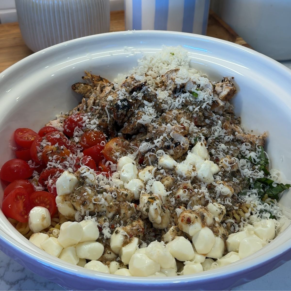 grated parmesan on top of pasta salad