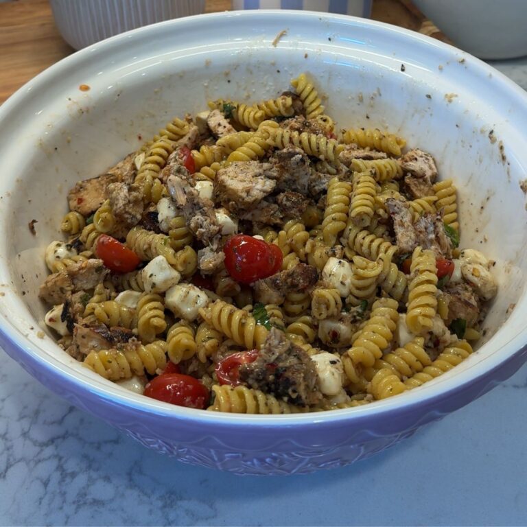 bruschetta chicken pasta salad in bowl