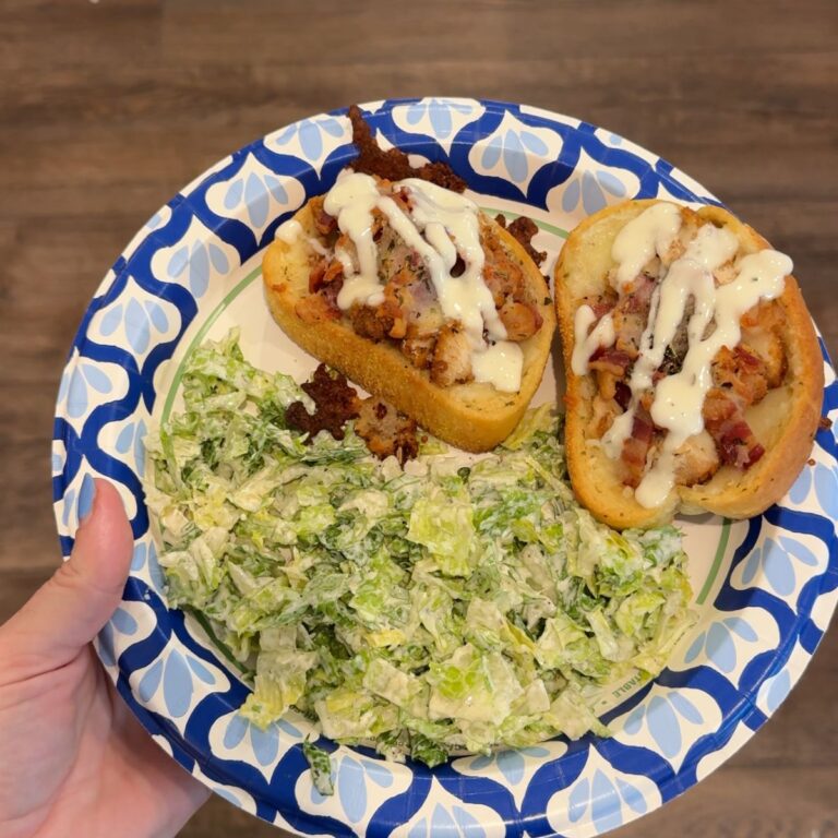 2 chicken bacon texas toast and salad on paper plate