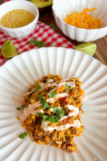 A plate of Mexican-inspired rice with corn, ground meat, and sauce, garnished with cilantro, sits on a white plate. Nearby are bowls of shredded cheese, dry orzo, a sliced avocado, and lime wedges on a red plaid cloth.