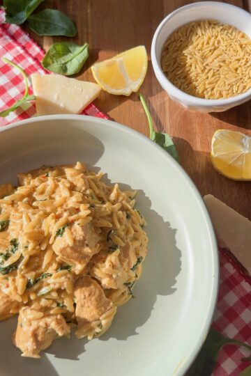 A bowl of creamy orzo pasta with chicken and spinach sits on a plate. Nearby are lemon wedges, raw orzo in a small bowl, spinach leaves, and pieces of Parmesan on a red checkered cloth.