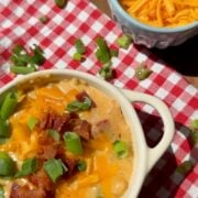 A bowl of creamy soup topped with shredded cheddar, bacon, and green onions sits on a red gingham cloth. A small bowl of shredded cheddar is nearby, with green onion slices scattered around.