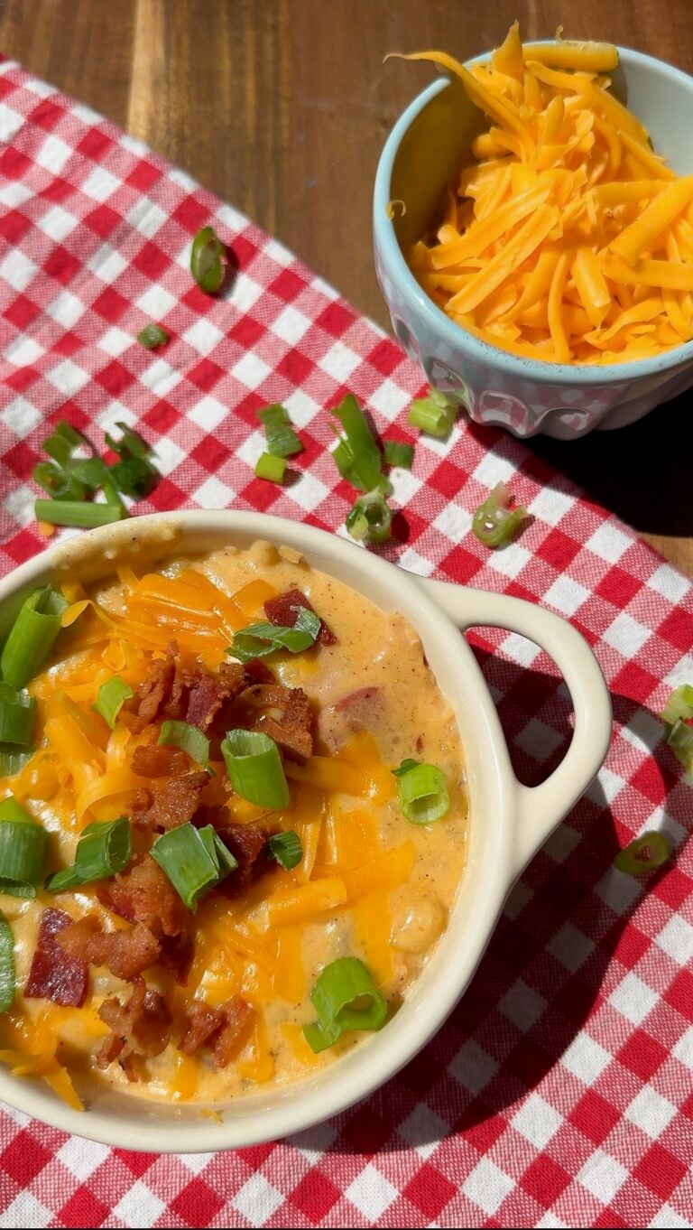 A bowl of creamy soup topped with shredded cheddar, bacon, and green onions sits on a red gingham cloth. A small bowl of shredded cheddar is nearby, with green onion slices scattered around.