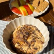 Bowl of dessert topped with chocolate shavings in the foreground. Behind it, a plate with apple slices and graham crackers sits on a wooden surface, sunlight streaming in.