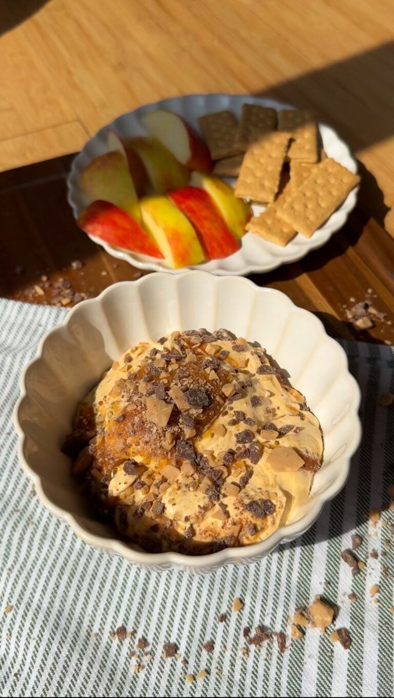 Bowl of dessert topped with chocolate shavings in the foreground. Behind it, a plate with apple slices and graham crackers sits on a wooden surface, sunlight streaming in.