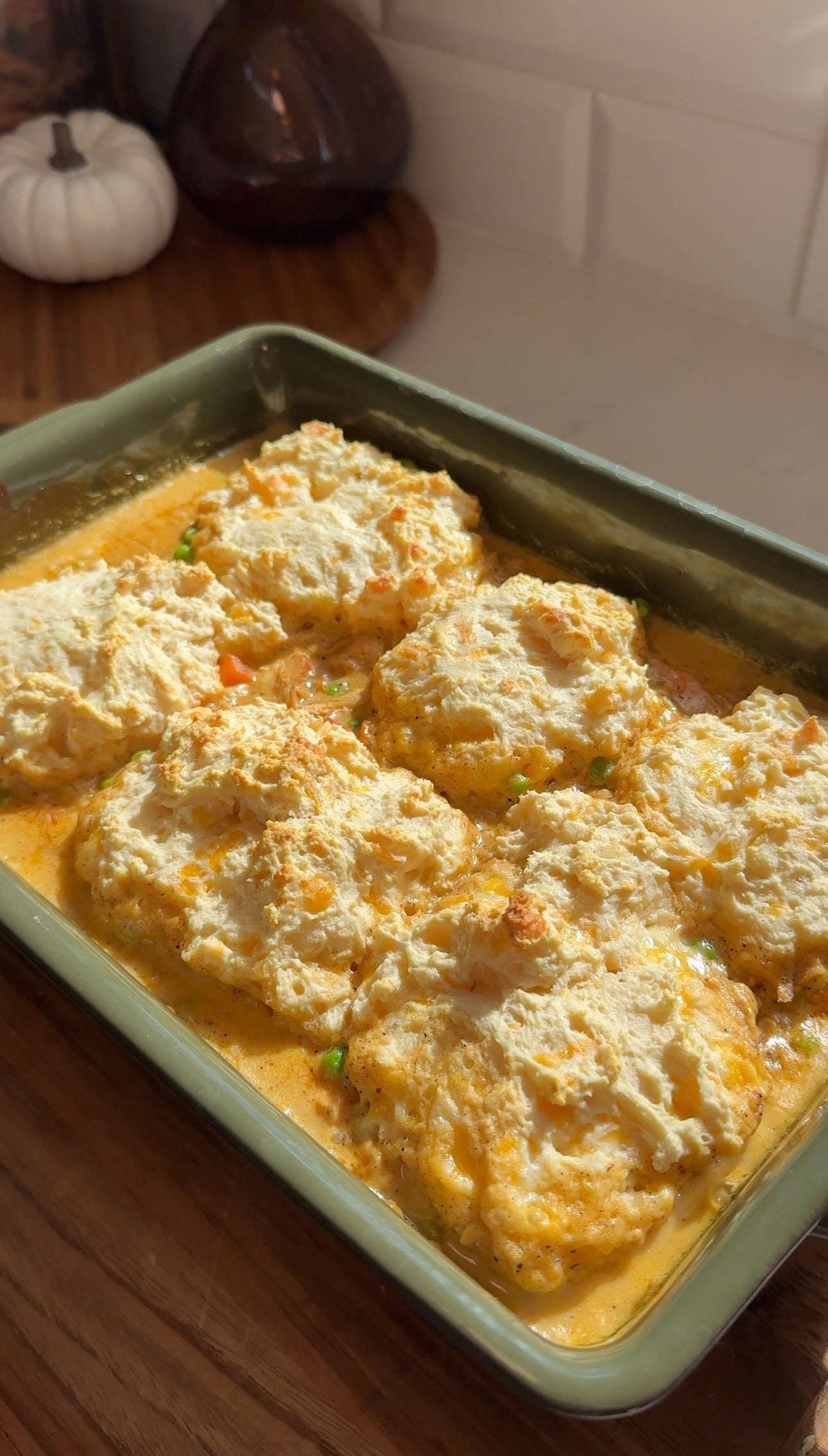 Baked chicken pot pie with cheddar bay biscuits fresh out of the oven.